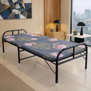 Folding Bed | 1 Year Warranty | Portable Single Bed | 3X6 Feet Bed Size | Strong Iron Steel Metal Frame Pipe | Bed for Sleeping Guest, Easily Storable (Synthetic Strip Blue) Visit the CASSAFLIP Store