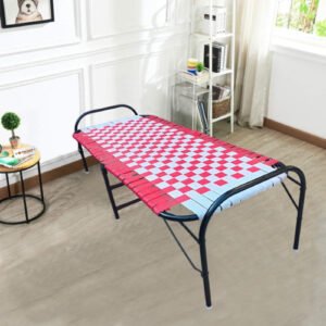 PS PARVESH SMART� Iron Double Color 100% Nylon Virgin Niwar Folding Bed New for Home and Hostel for Sleeping with Heavy Metal Iron Bed Frame Size (30x72) (Red, 2.5 ft 6 ft)