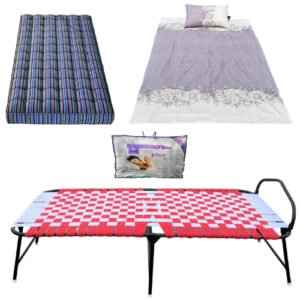 PS PARVESH SMART Easy Niwar Folding Bed with (5 Items) Folding Bed+ 5 Inchi Cotton Mattress+ Bed Sheet+ Pillow+ Pillow Cover Size 36 Inch X72 Inch (Red, Matte)